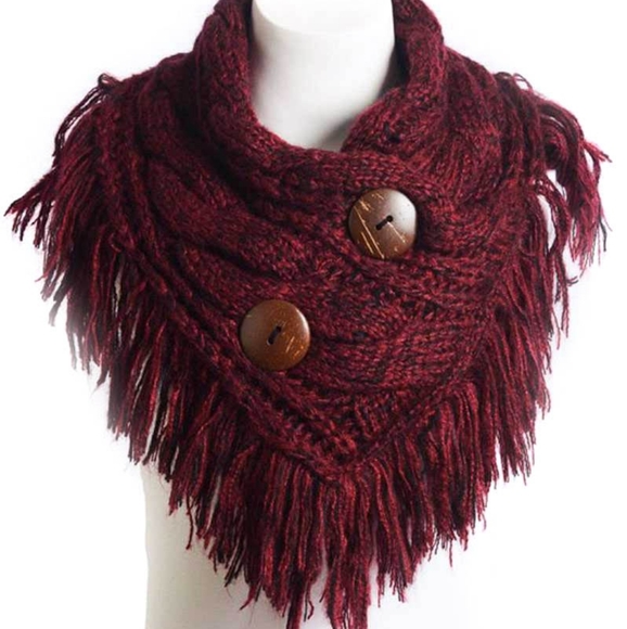 Accessories - Fringe Infinity Scarf with 2 Buttons (Burgundy)
